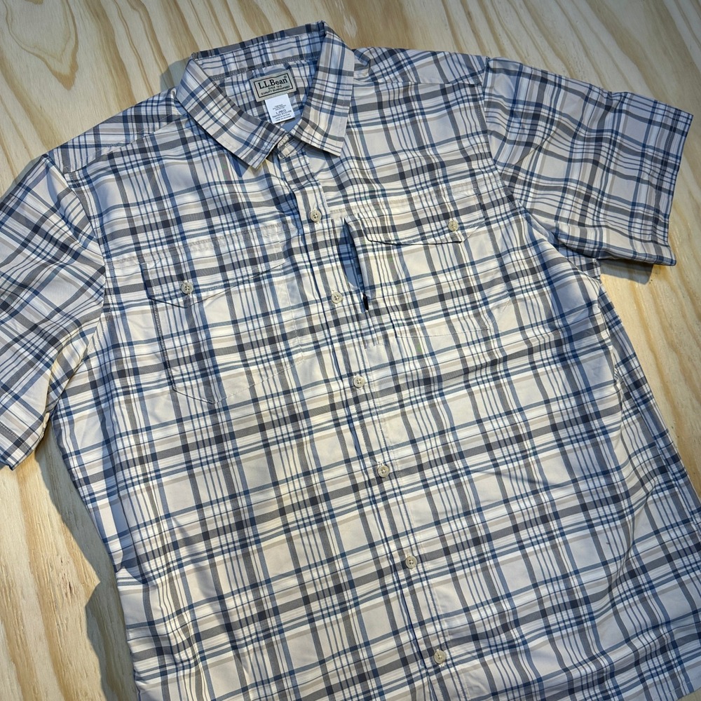L.L. Bean Men Plaid Trailblazer Short Sleeve Hiking Utility Shirt Blue Gray Sz L